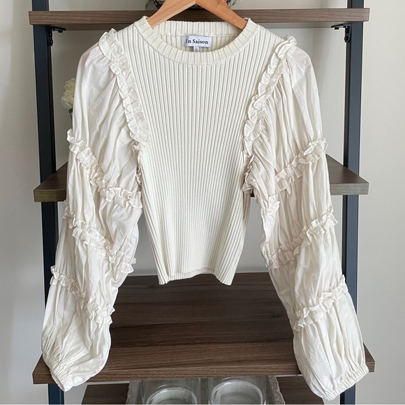 En Saison Cream Sweater Top Rufffle Detail, Size Large - Picture 5 of 11